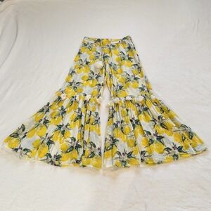 Z&L Lemon Print Palazzo Wide Leg Pants Tassel Trim Boho Resort Cotton L